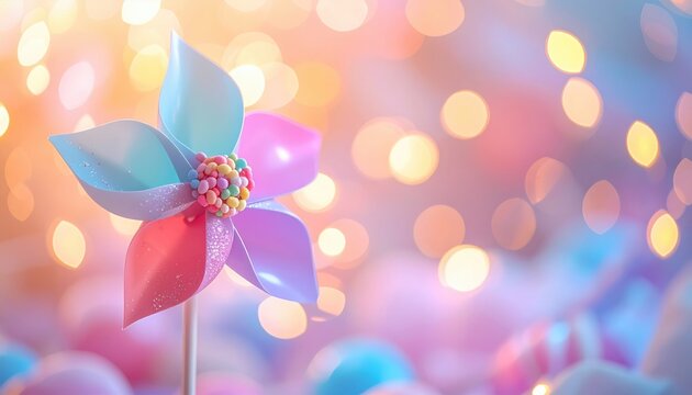 Pastel pinwheel with colorful candies and warm string lights, dreamy celebration background