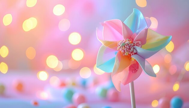 Pastel pinwheel with colorful candies and warm string lights, dreamy celebration background