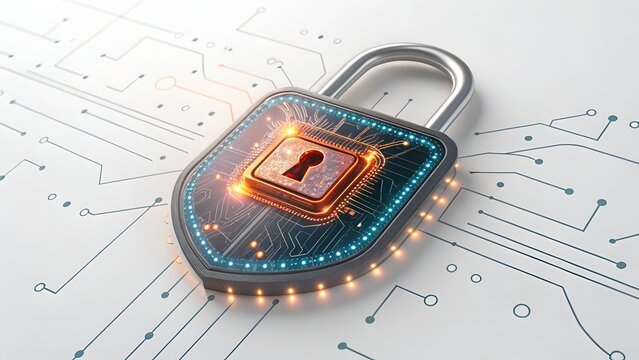Digital padlock with glowing circuitry on abstract white tech background representing cybersecurity concept