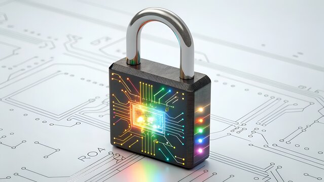 Digital padlock with illuminated circuit board patterns on a white schematic background representing cybersecurity and data protection