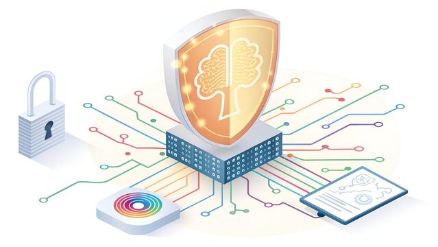 Digital shield with tree emblem on circuit board during network security concept with padlock and data chart