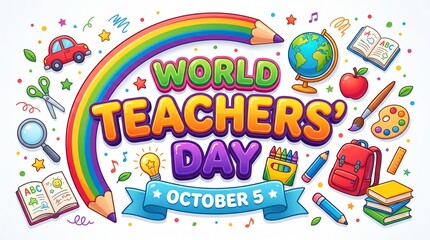Fototapeta premium Colorful cartoon-style illustration celebrating World Teachers' Day on October 5th, featuring a large rainbow pencil, school supplies, globe, books, and educational icons on a white background.