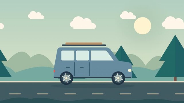 Flat Vector Animation of SUV Driving Along Forest Road