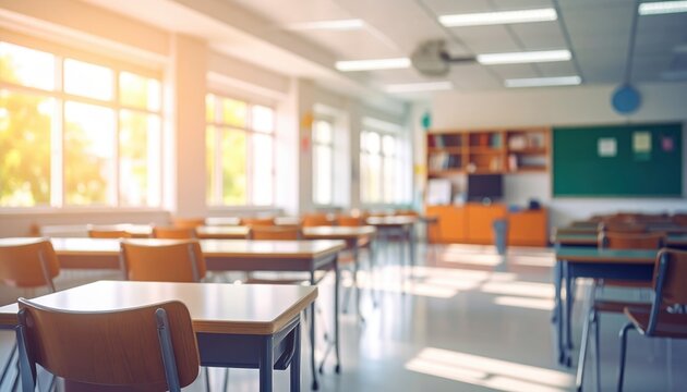 Blurred classroom interior with student desks and chairs, abstract education background
