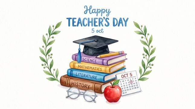 Watercolor illustration for World Teachers' Day featuring a stack of books, a graduation cap, a red apple, glasses, and a calendar marked October 5th, framed by green leaves on a white background.