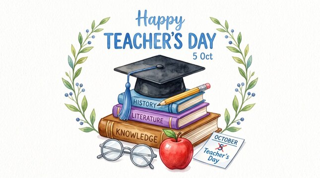 Watercolor illustration for World Teacher's Day featuring a graduation cap atop a stack of vintage books, with a red apple, glasses, and a celebratory wreath on a white background