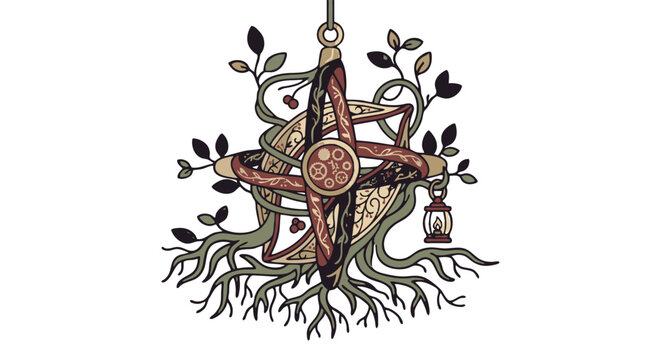 Vintage compass rose with overgrown roots and fantasy elements