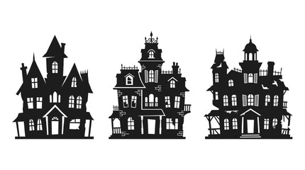 Fototapeta premium Set of three haunted house silhouettes featuring Victorian architecture with towers, gabled roofs, and broken windows for Halloween design, spooky gothic mansions isolated on white.