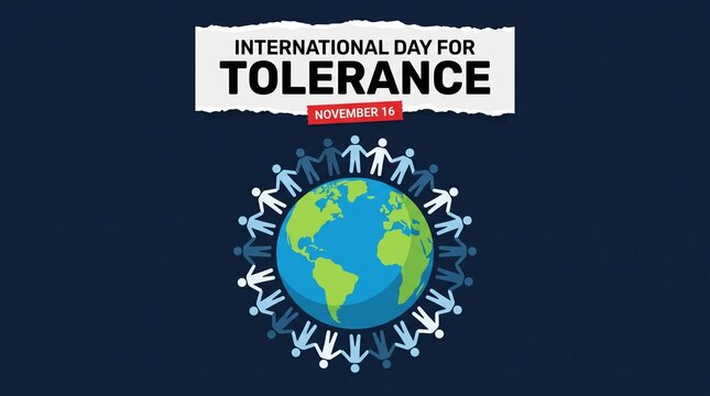 International Day for Tolerance graphic featuring a globe surrounded by a diverse circle of paper-cut style human figures holding hands against a dark blue background, November 16th awareness.