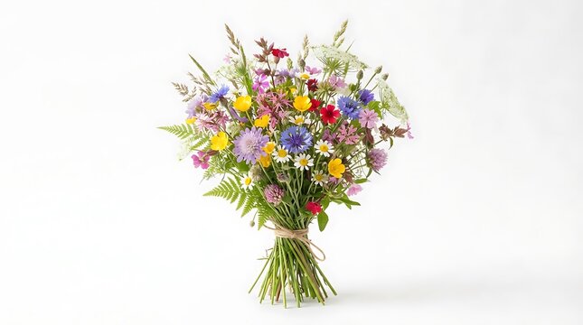 Beautiful colorful wild flower bouquet on white background.