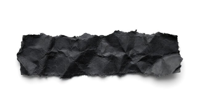 Black crumpled paper strip with torn edges isolated on white background.