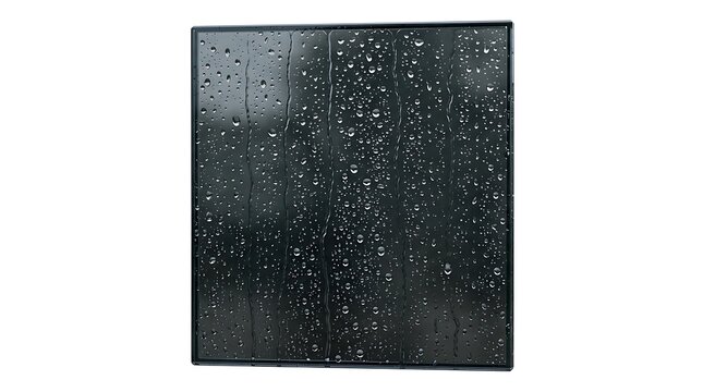 Black solar panel surface with rain droplets isolated on white background.