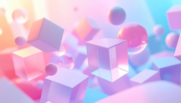 Translucent pastel cubes and spheres floating in soft abstract background, modern design