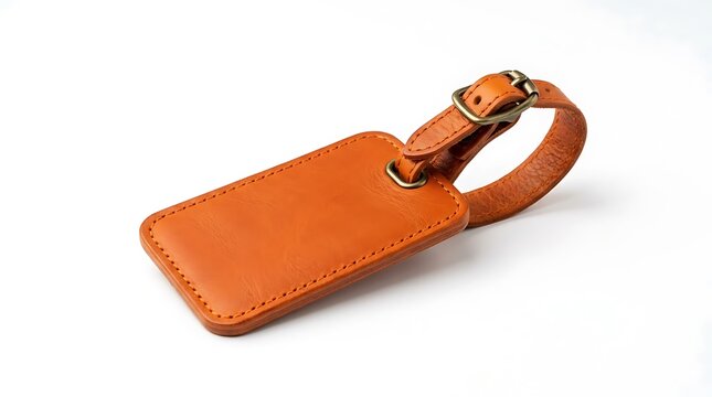 Blank Brown Leather Luggage Tag Isolated on White Background.