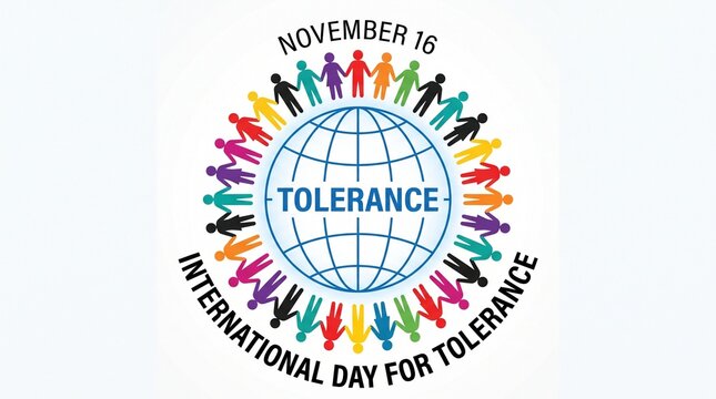 A symbolic graphic for International Day for Tolerance on November 16, featuring a globe surrounded by a colorful circle of diverse paper-cutout style human figures holding hands.