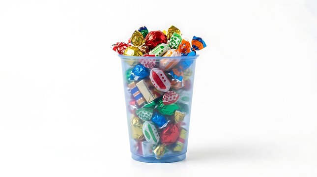Clear plastic cup filled with colorful wrapped candies on white background.
