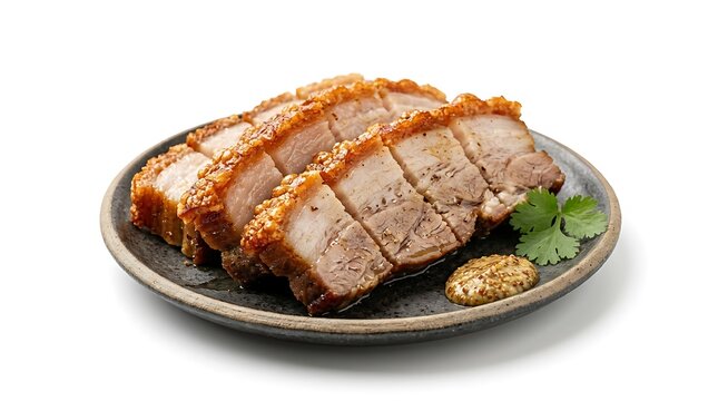 Crispy Roasted Pork Belly Slices Served on a Plate.