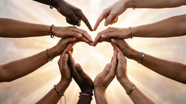 Diverse group of people forming a heart shape with their hands against a glowing, bright, and hopeful sunlit background representing unity, equality, inclusivity, and community support