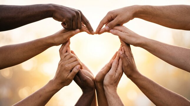 Diverse hands of various skin tones forming a heart shape symbol together, representing unity, love, equality, inclusivity, and community cooperation against a soft, bright, and warm blurred