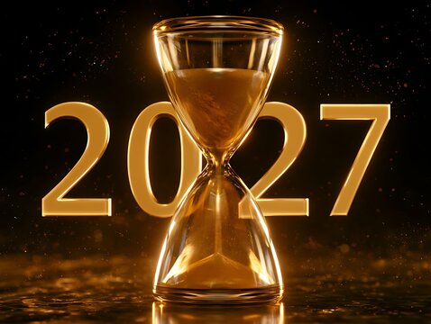 Golden hourglass with 2027 on black background