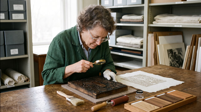 Conservator examines antique woodblock printmaking plate with magnifying glass in museum archive workshop. Concept of xylograph, impression, woodcut, art restorer.