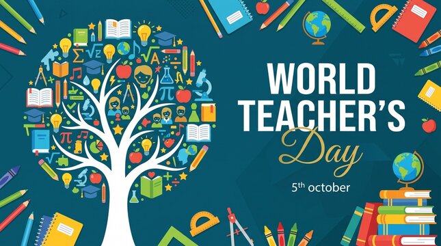World Teacher's Day Celebration Graphic Featuring a Knowledge Tree Made of School Supplies and Icons on a Dark Teal Background