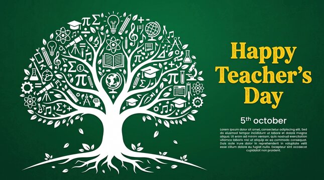 Happy Teacher's Day greeting card featuring a stylized white tree of knowledge composed of educational icons and symbols on a green chalkboard background with October 5th date.