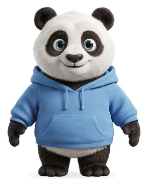 Friendly cartoon panda bear wearing a blue hooded sweatshirt with character design blue hoodie cute bear standing pose simple background digital art furry friend character standing clothing