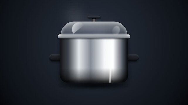 Stainless steel cooking pot with glass lid on dark background