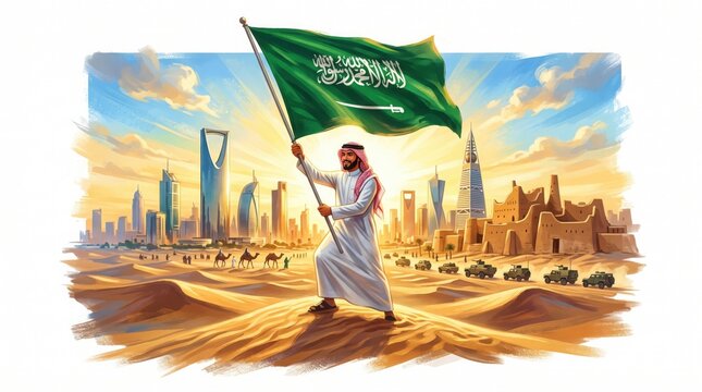 Copyrightsafe, unique, premiumlooking version saudi arabian man holding national flag in desert cityscape