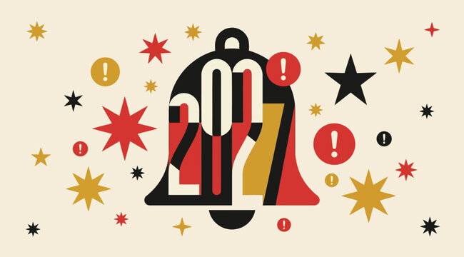 New year 2027 celebration graphic featuring a stylized bell shape integrated with the year 2027, surrounded by red and gold stars and exclamation marks