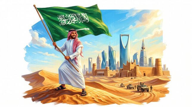 Copyrightsafe, unique, premiumlooking version saudi arabian man holding national flag in desert landscape