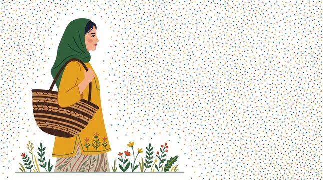 A stylized vector illustration of a woman wearing a green hijab and yellow tunic, walking through a field of flowers while carrying a woven basket, set against a textured, light-colored background.