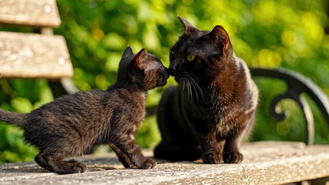 Adorable black kitten and adult cat touching noses affectionately on a sunny park bench.