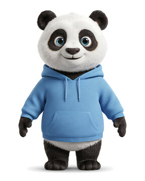 Cute 3D cartoon panda in a blue hoodie with character design cute bear standing pose simple background digital art furry friend character standing clothing isolated illustration friendly