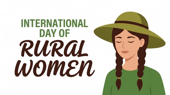 International Day of Rural Women celebration graphic featuring an illustration of a young woman wearing a wide-brimmed straw hat and green shirt with her hair in braids against a white background