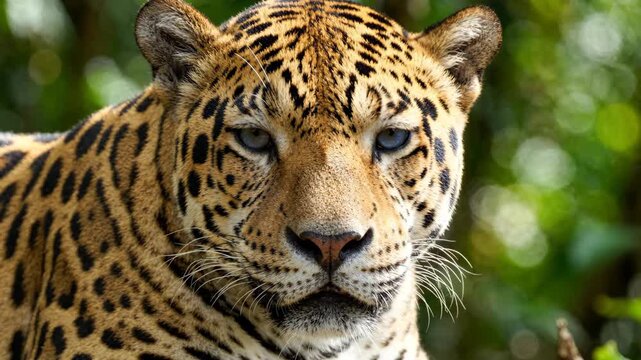Majestic jaguar with piercing blue eyes stares intensely in its natural habitat.