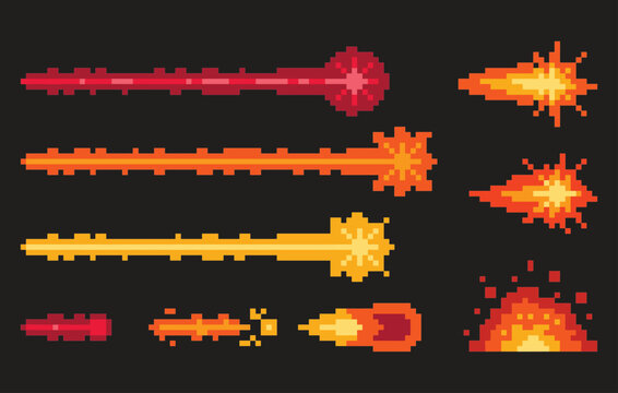 Set of pixel art special effects, retro game projectile skills, laser beam, fire blast, and explosion graphics.