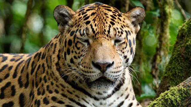 Majestic jaguar with striking blue eyes in a lush jungle environment.