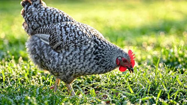 A beautiful speckled chicken forages for food in dewy green grass at sunrise.
