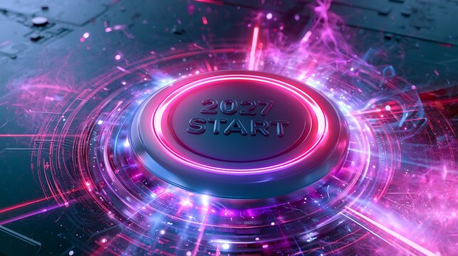 Neon Start Button 2027 with Glowing Pink and Blue Lights