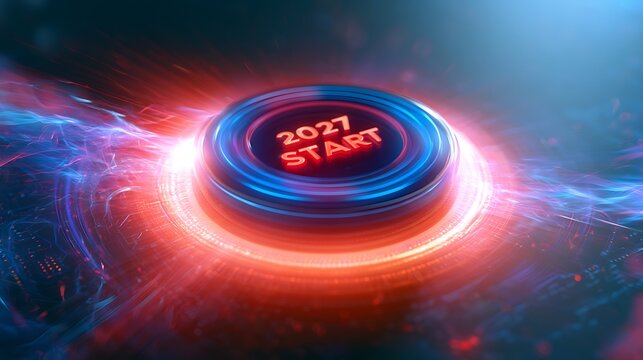 Neon start button with 2027 text for new beginnings