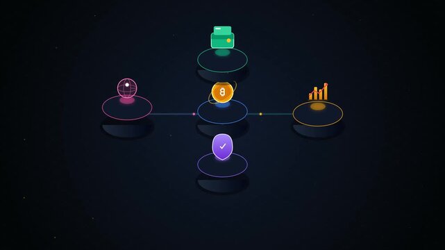 A 2D isometric motion graphics animation featuring a central Bitcoin node connected to financial ecosystem icons, including a crypto wallet, trading growth chart, security shield, and global network 