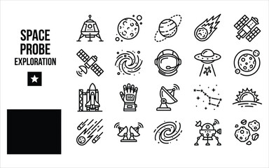 Space probe exploration icon set consisting of twenty linear symbols for celestial research and galactic studies. © PNG world
