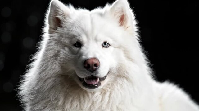 Majestic white fluffy dog with striking blue eyes on a dark background.
