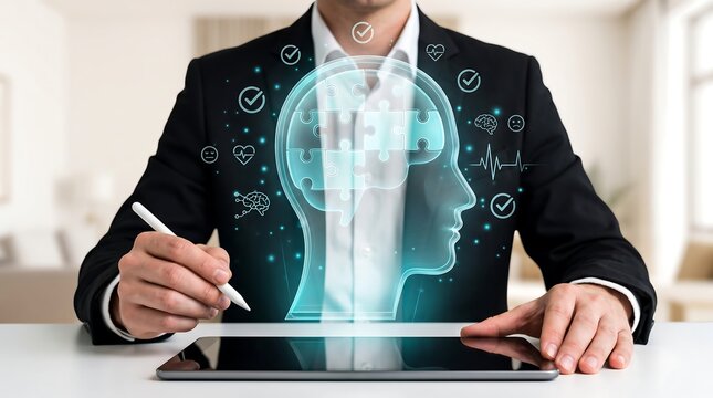AI assisted analytical thinking concept showing holographic puzzle structure integrated with human cognitive technology