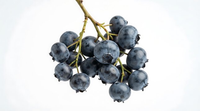 Fresh Ripe Blueberries Hanging on a Branch Isolated on White Background.