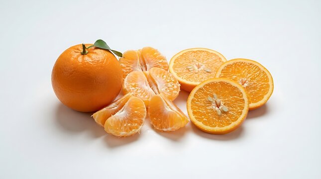 Fresh whole and sliced mandarin oranges on white background.