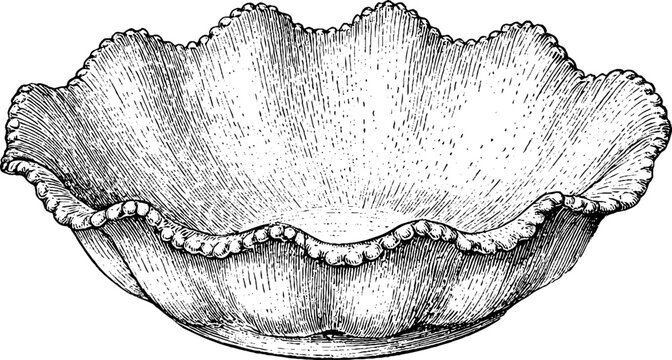 Scalloped antique serving bowl engraving isolated on white background for decorative tableware reference and vintage design use