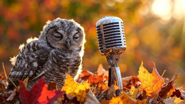 A charming baby owl appears to sing into a vintage microphone amidst vibrant autumn leaves.